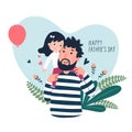 Happy fatherÃ¢â¬â¢s day card. Cute little girl on her fatherÃ¢â¬â¢s shoulder in heart shaped